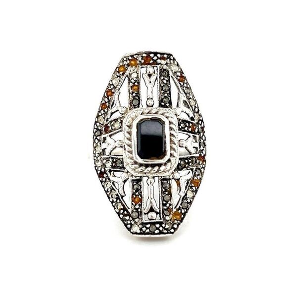Emerald Cut Onyx / Marcasites (Missing Few) Sterling Silver 925 Ring - Picture 1 of 10